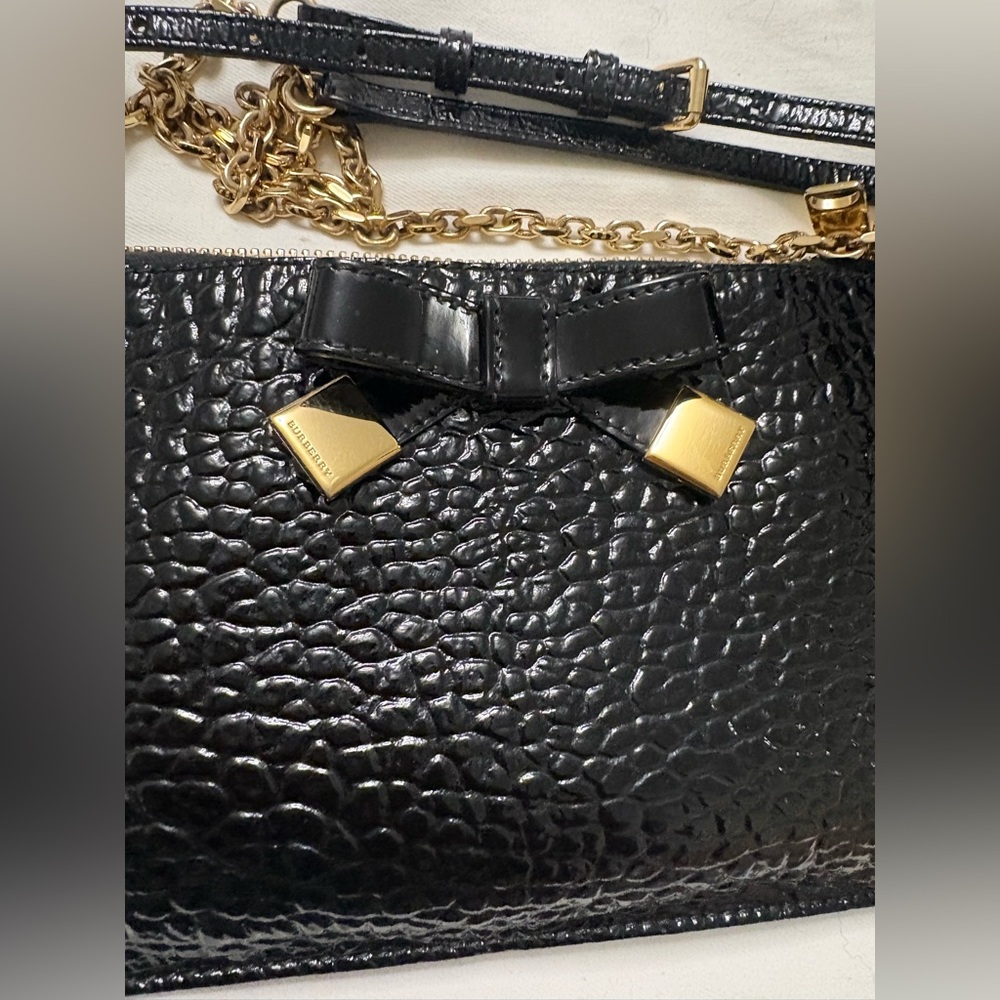 Burberry Black Patent Croc-Embossed Crossbody Bag with Bow - Picture 3 of 12
